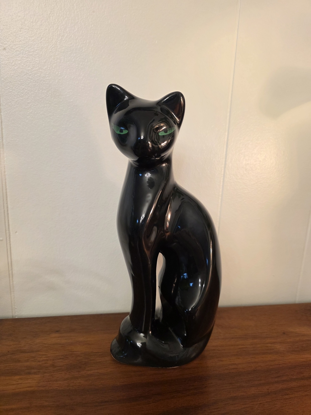 Vintage MCM Sitting Black Ceramic Cat With Green Eyes